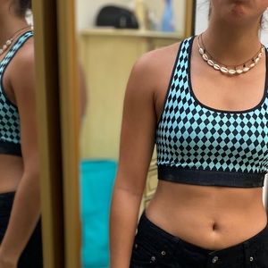 Phat Buddha checkered teel & black sports bra